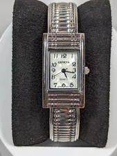 Geneva Pearlized Dial Gunmetal Gray Rectangle Case Hinge Open Cuff Band Watch