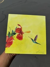 Beautiful Collectible Painting ORIGINAL Hummingbird Flowers Signed Morales C.