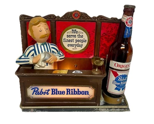Vintage 1960s Lighted Cast Iron Pabst Blue Ribbon Beer Bartender Display Sign