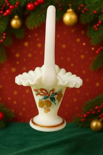 Fenton Hand Painted Custard Glass Basket – Holiday Pinecone & Berry Design
