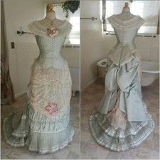 Vintage 1880 Victorian Wedding Occasion Dresses History Silk Stain Bustle Ruched