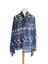 H74 Elegant Sheer Blue Scarf Abstract Print Lightweight Chiffon Style Long Shawl