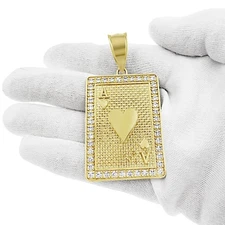 10K Yellow Gold Large Ace Of Hearts CZ Playing Card Pendant Charm 2.6 inch