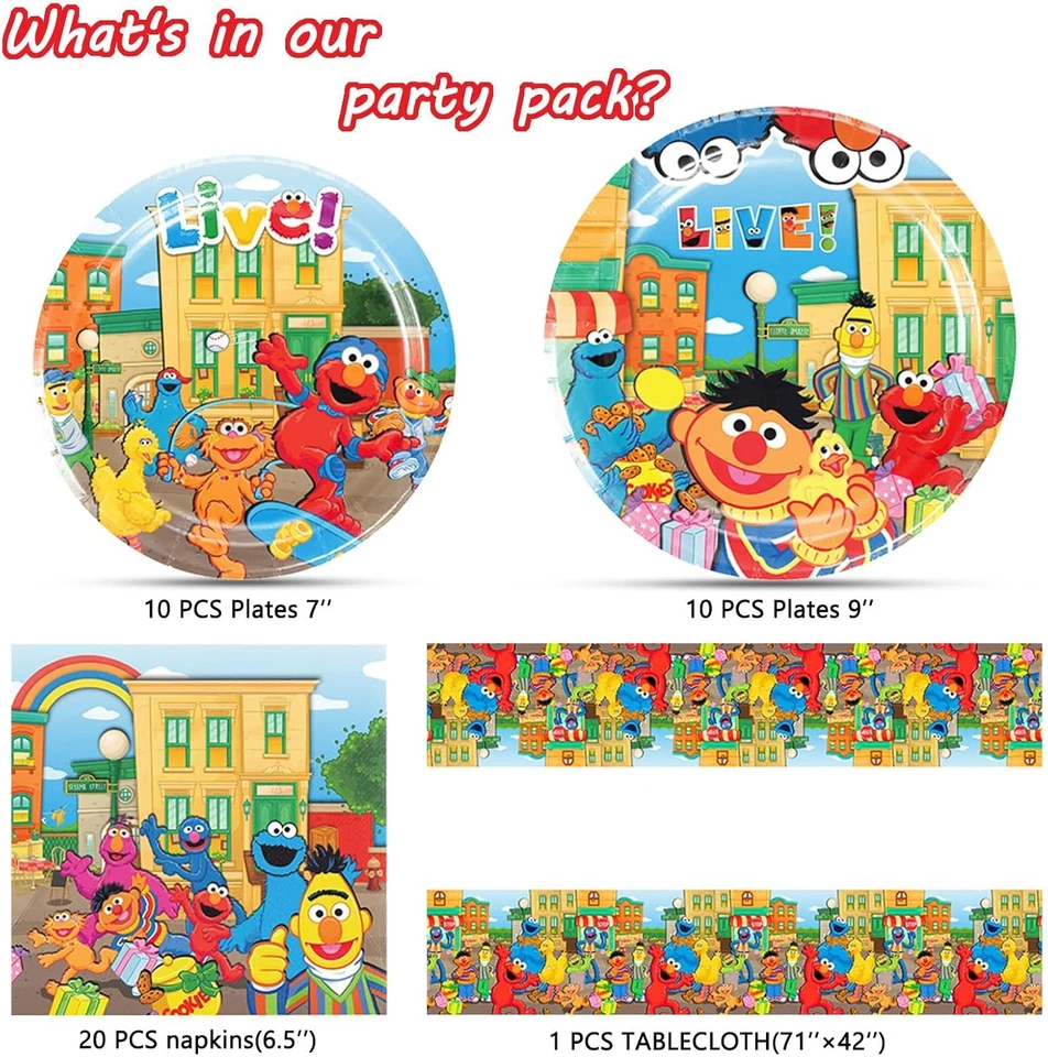 Suministros de fiesta de cumpleaños calle Sesame Friends, 20 platos, 20 servilletas y 1 mesa Foto 2 de 2