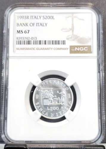 1993 ITALY SILVER 200 LIRE BANK OF ITALY NGC MS 67 BEAUTIFUL GEM BU