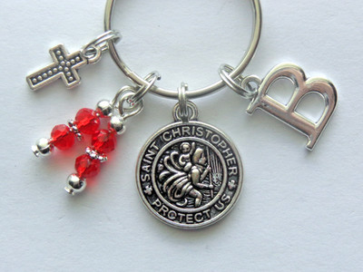 PERSONALIZED SAINT CHRISTOPHER PROTECT US KEY CHAIN BAG CHARM PURSE CLIP