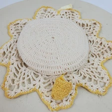 Vintage Hand Crochet Cup Saucer Style Hot Pad White Yellow 8.5 Inch