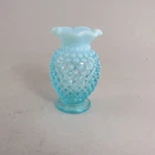 Vintage Fenton Glass 3 3/4" Blue Opalescent Hobnail Ruffled Edge Bud Vase