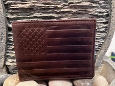 Stone Mountain Dark Brown Leather w/ Embossed US Flag Design Bi-Fold Wallet