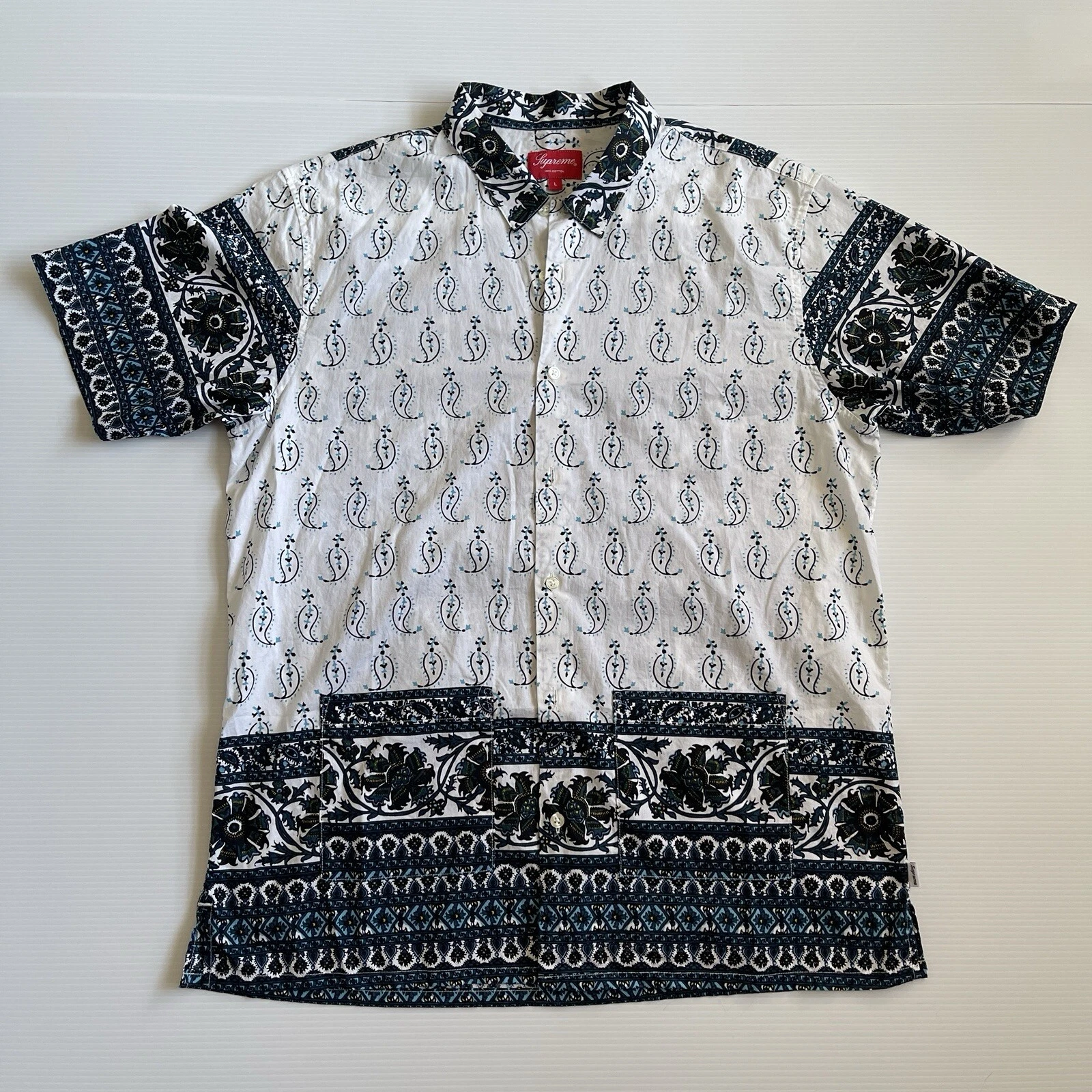 Supreme Nairobi Short Sleeve Button Up Shirt   Mens Size L   SS14 Paisley White