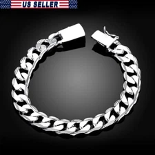 925 Sterling Silver Bracelet for Men Jewelry Heavy Thick Cuban Link Chain Bangle