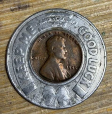 Vintage 1945 Keep Me & Have Good Luck Encased Coin Token Lucky Charm SHELDRAKE