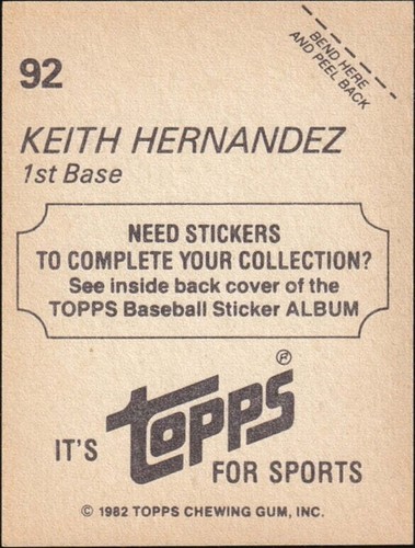 1982 Topps Album Stickers #92 - Keith Hernandez - Picture 2 of 2