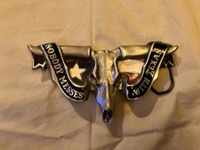 Vintage Nobody Messes With Texas Pewter Belt Buckle Longhorn Skull