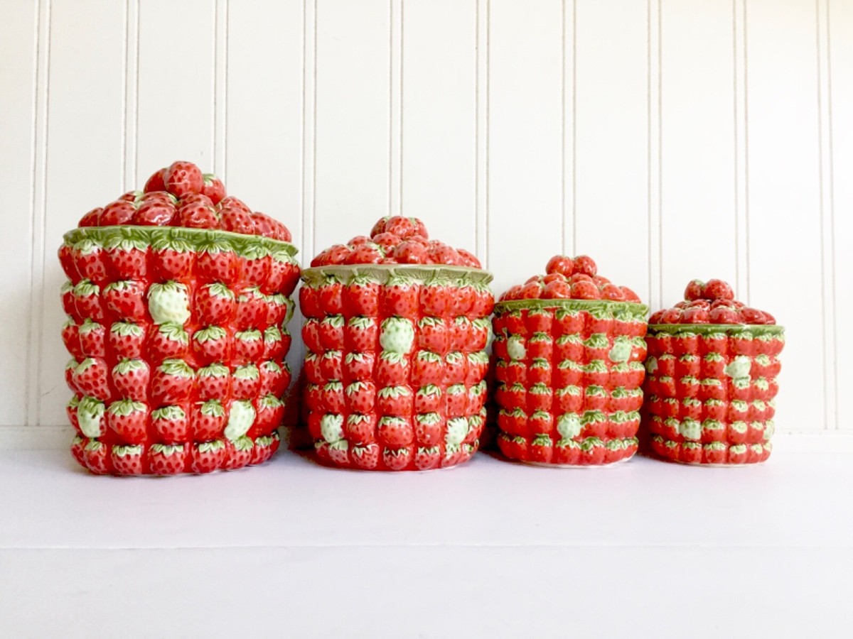 Vintage Lefton Strawberry Ceramic Cookie Jars, Canister Set of 4