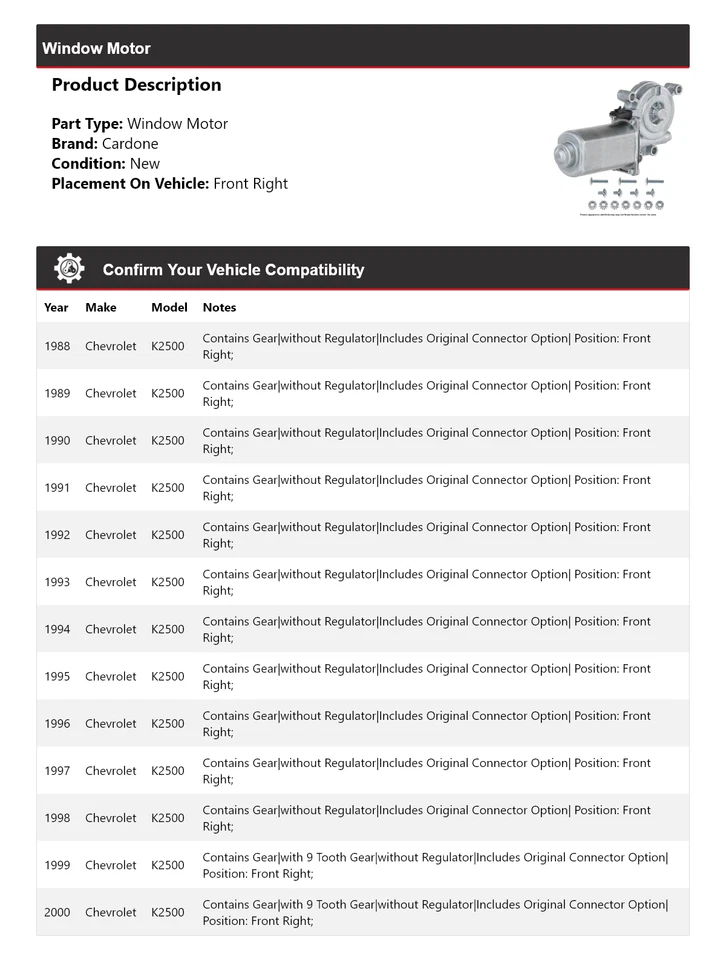 Передний правый оконный мотор Cardone для Chevrolet K2500 1988-2000 годов выпуска 1989 1990 1991 годов выпуска - Изображение 2 из 4