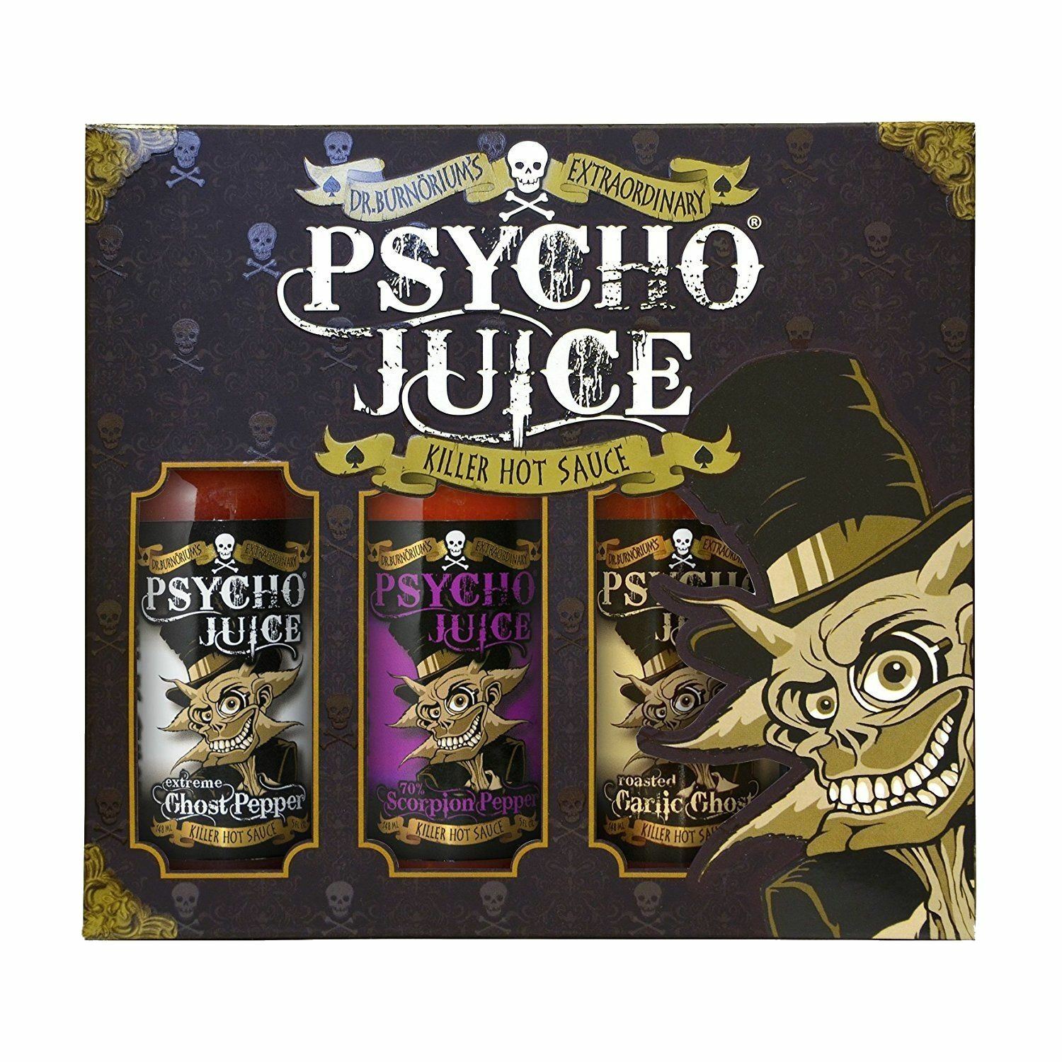 Psycho Juice Trio Chilli Sauce Extreme Ghost Pepper 70% Scorpion Roasted Garlic