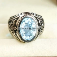 Aquamarine Oval Cut Gemstone With 925 Sterling Silver Ring For Men's #A748