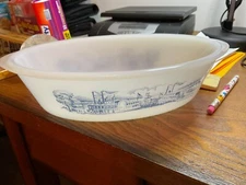 Glasbake Currier & Ives 1 Qt. Casserole Baking Dish Steamboat Blue & White Oval
