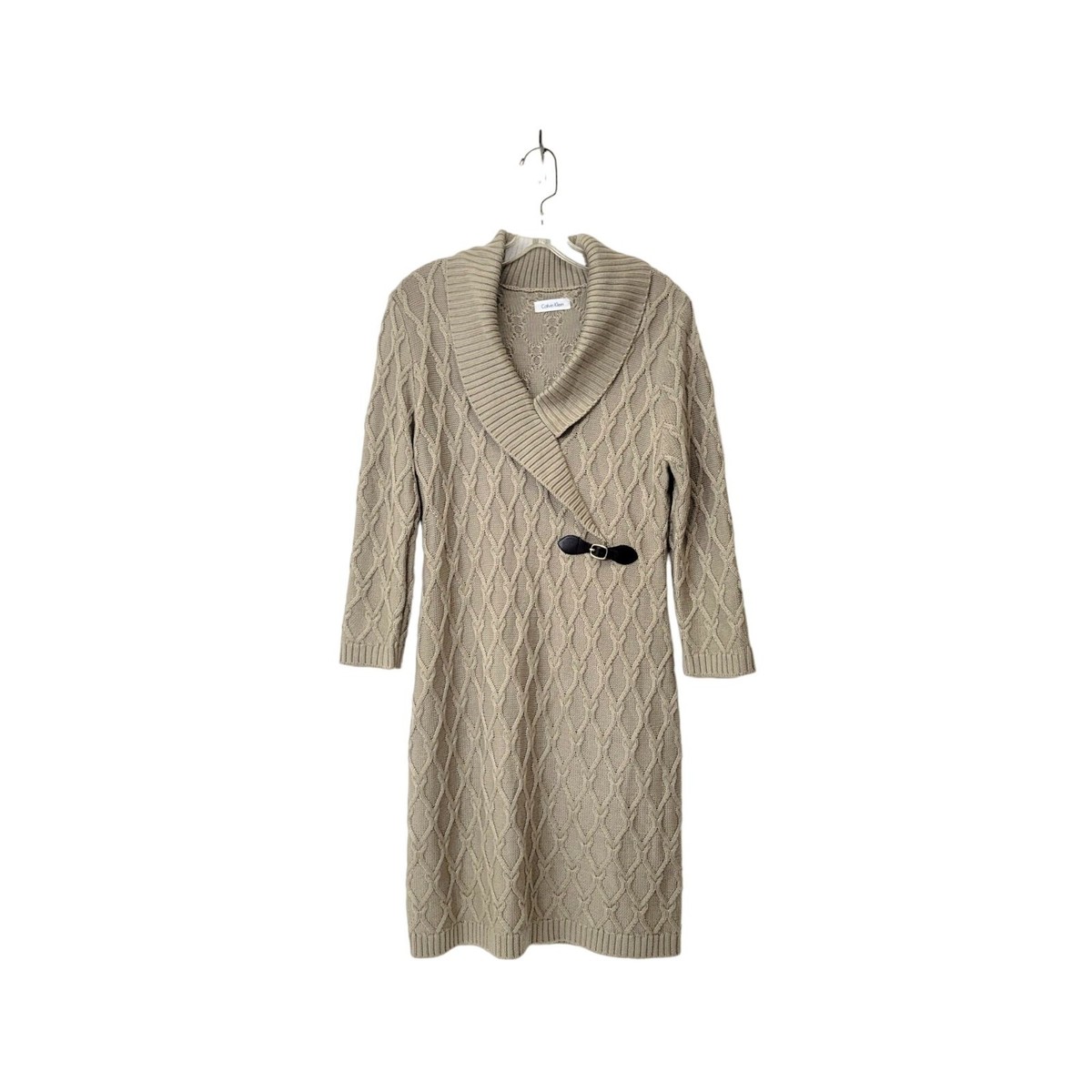 Calvin Klein Cable Knit Shawl Collar Sweater Dress with Leather