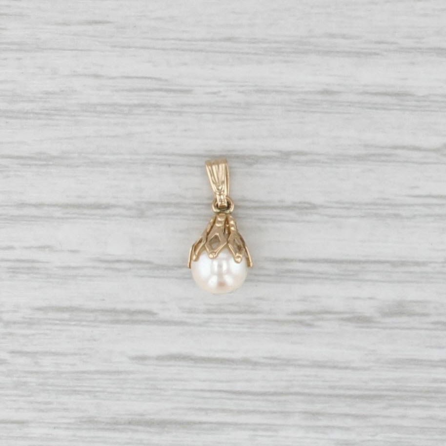 Vintage Small 6.2mm Saltwater Cultured Pearl Drop Pendant 14k Yellow Gold