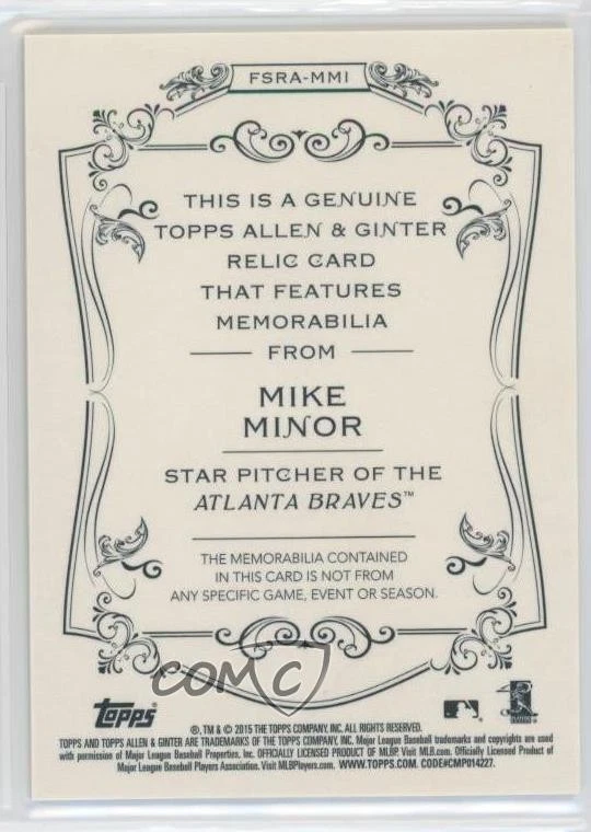 2015 Topps Allen & Ginter's Relics A Mike Minor #FSRA-MMI - Image 2 of 2