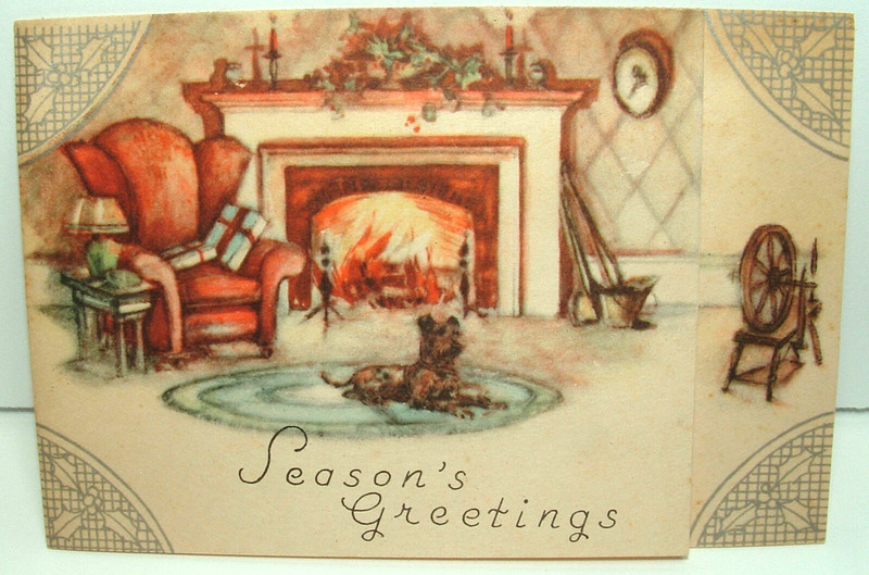 Scottie Dog by the Fire - 1930's Vintage Christmas Greeting Card