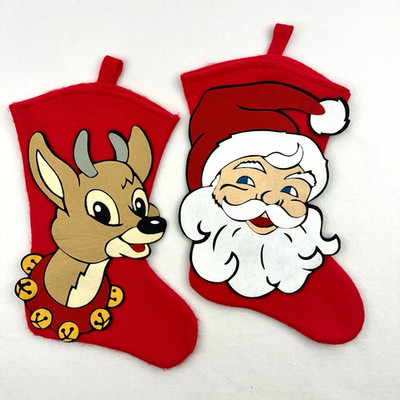Vintage Santa's Best Felt Christmas Stockings Santa Reindeer Set 2 Red Retro 90s