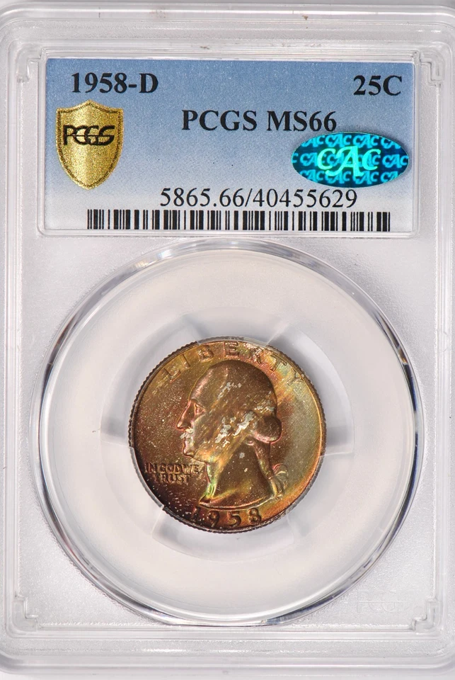 1958 D TONED Washington Quarter PCGS CAC MS66 Toning Coin SEE VIDEO 25C - Image 4 of 4