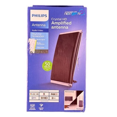 Philips Crystal HD Indoor Amplified TV Antenna 50 Mile Range Black Open Box