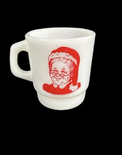 Vintage Anchor Hocking Milk Glass Red Mrs. Santa Claus Mug or Coffee Cup EUC