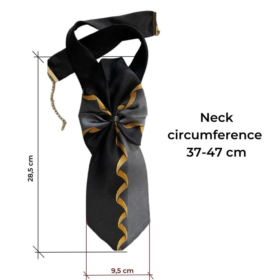 Collar de corbata de seda hecho a mano para mujer | negro y gris con acento dorado Foto 3 de 4