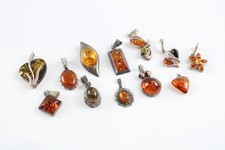Sterling Silver Pendants Amber Baltic Vintage Flower Bird Sun Spangle (18g)