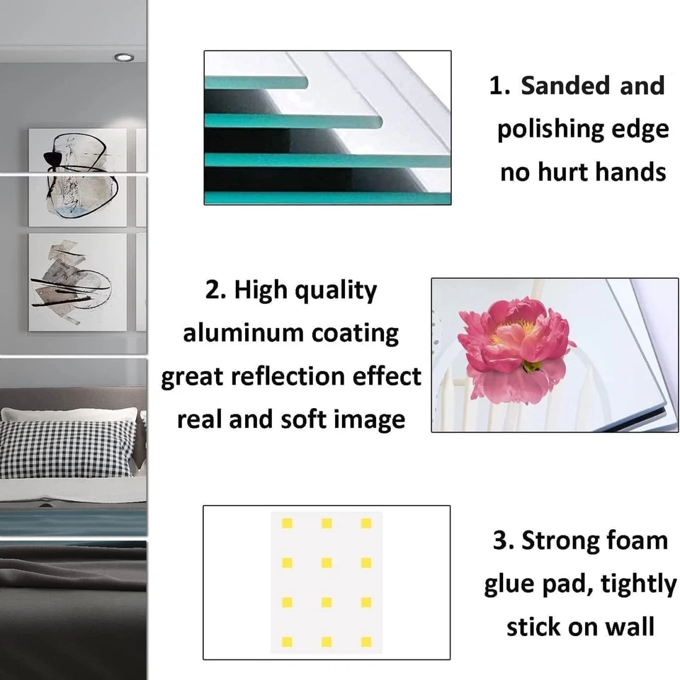 Azulejo espejo de vidrio 16 x 12"" x 4 piezas decoración de pared, cuerpo completo sin marco... Foto 3 de 4