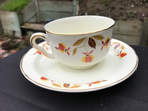 Hall Jewel Tea Autumn Leaf Ruffled D Flat Cup & Saucer Set