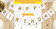 Happy Birthday Banner Sign Gold Letters Party Decor/Supplies w/White Ribbon