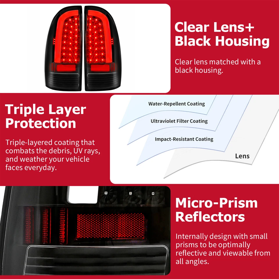 HECASA LED Tube Tail Lights Black Lamps Left+Right For Toyota Tacoma 2005-2015 - Image 4 of 4