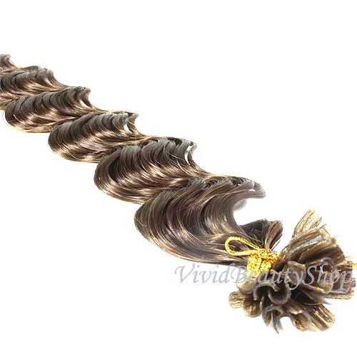 200 U Nail Tip Fusion Deep Wave Curly Remy Human Hair Extensions Medium Brown #4