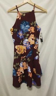 BCX Fit N Flare Dress Juniors Sz 7 Maroon Floral Print Sleeveless Keyhole Back