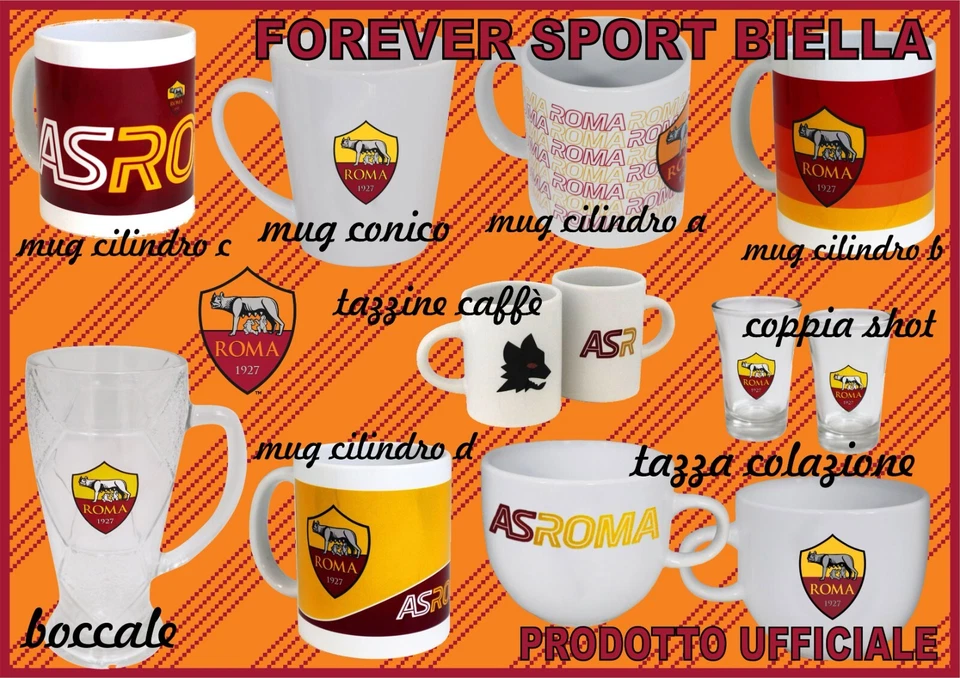 TAZZA COLAZIONE - TAZZINE CAFFE'- BOCCALE BIRRA - COPPIA SHOT ORIGINALI AS ROMA