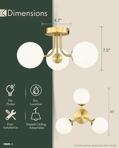 3-Light Gold Semi Flush Mount Ceiling Light, Frosted Glass Globe Ceiling Light w - Picture 4 of 8