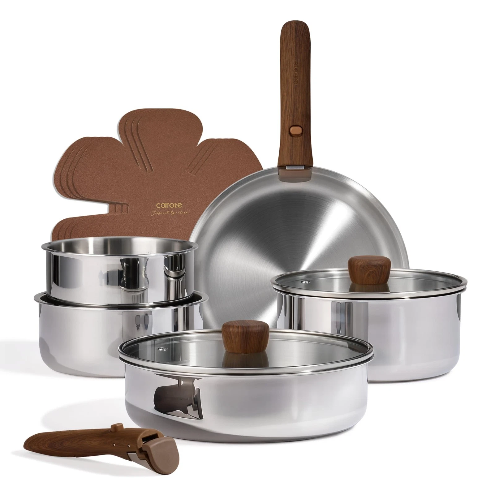 13pcs Tri-Ply Stainless Steel Cookware Set with Detachable Handle, Pots and P...