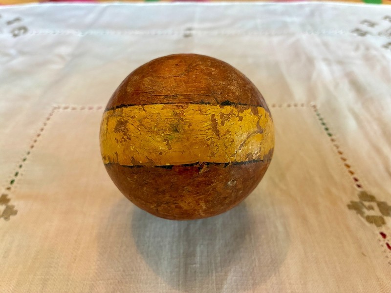 Vintage Primitive Handmade Single Yellow Stripped Croquet Ball