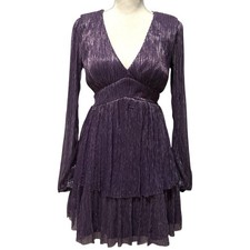 Mi Ami Purple Metallic Pleated V Neck Long Sleeve Tiered Mini Dress Size M Party