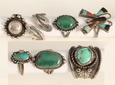 7 Handmade Vintage Native American Sterling Silver Rings, Turquoise, Onyx, Coral