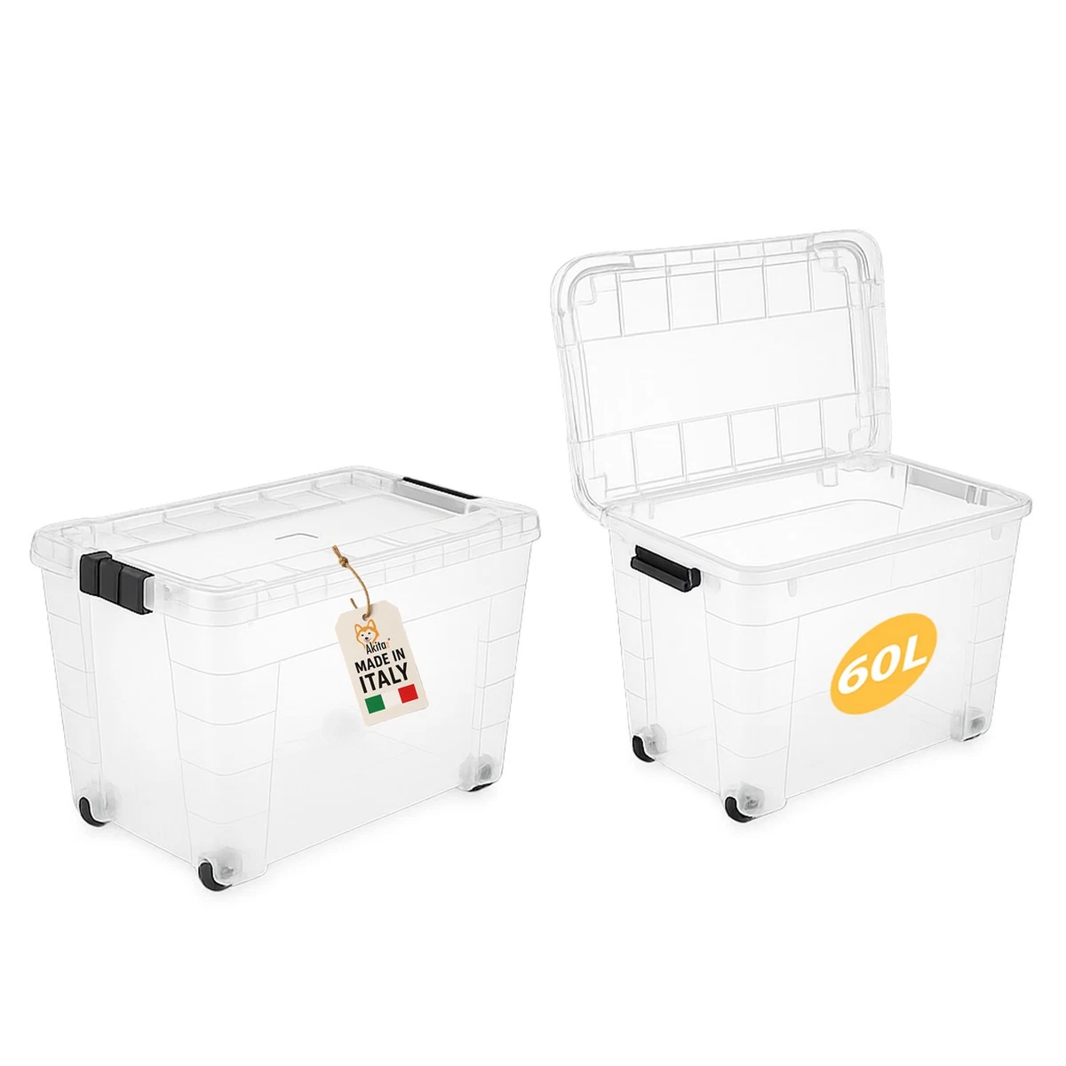 Cetomo 55L*3 Scatole di Stoccaggio con Coperchi, Contenitori in Plastica con Ruote, Clip On, Impilabili, Incastonabili, Organizzatore a Righe per Casa Ufficio, Trasparente, 55L-3 Pezzi