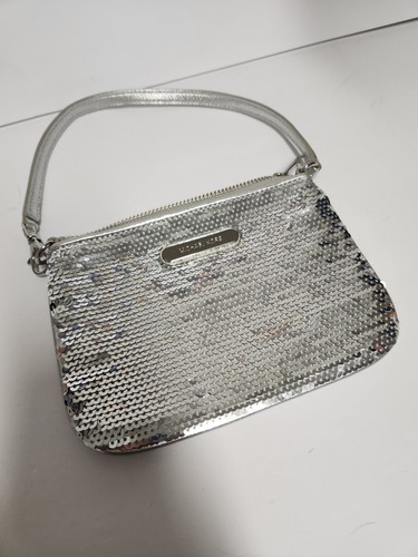 MICHAEL KORS SILVER SEQUIN & LEATHER WRISTLET MINI BAG