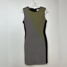 Belle Badgley Mischka Polka Dot Bodycon Sheath Dress Yellow/Black/White Sz 6