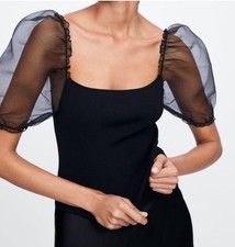 Zara maglia manica a sbuffo top chic blusa nera maglia trasparente maniche a sbuffo taglia small