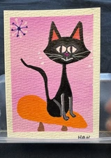 ACEO Original Mixed Media Mini Painting Of  A Mid Century Modern Atomic Cat